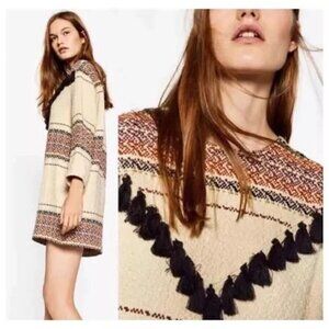 Zara Trafaluc Knit Sweater Dress with Tassels Cream/Rust/Black‎ Bohemian Size S
